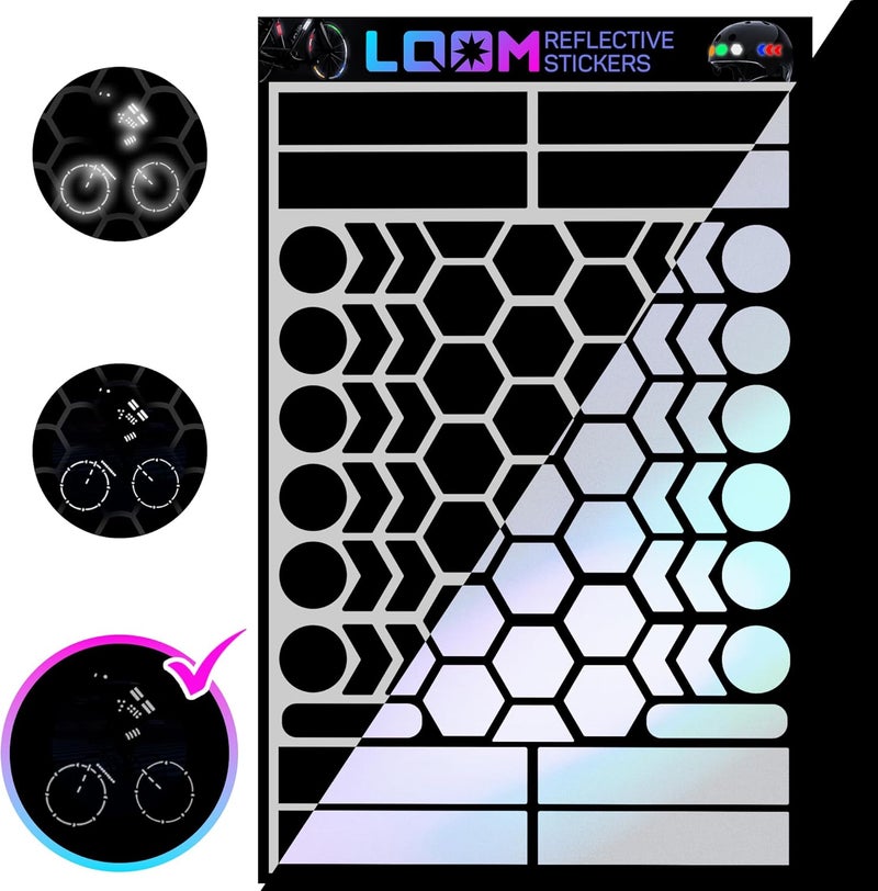 Loom ملصقات عاكسة | 67 قطعة مهندس أسود | ملصقات عاكسة للخوذة، الدراجة، الدراجة النارية، القبعة الصلبة | عواكس مقاومة للماء للسيارة، المقطورة | عواكس الدراجة لركوب الليل - Image 1